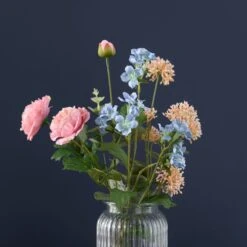 Artificial Pink & Blue Ranunculus Bouquet In Ribbed Glass Vase -Dunelm 30869583 alt02