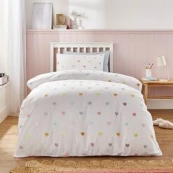 Embroidered Hearts Single Duvet Cover And Pillowcase Set