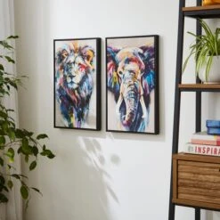 Set Of 2 Colourful Animals Framed Canvases