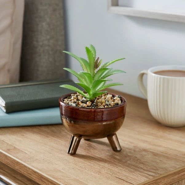 Artificial Succulents In Brown Glazed Footed Plant Pot 3 Artificial Succulents In Brown Glazed Footed Plant Pot