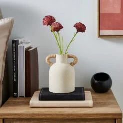 Artificial Honeycomb Dahlia Flowers In Woven Handled Vase